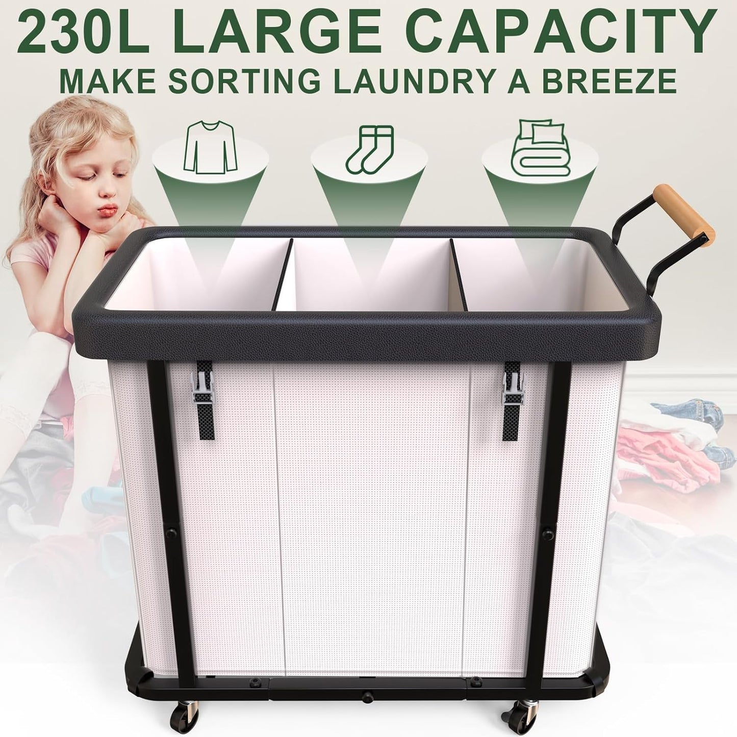 Extra Large 3-Section Laundry Hamper with Wheels & Lid – 230L White Organizer