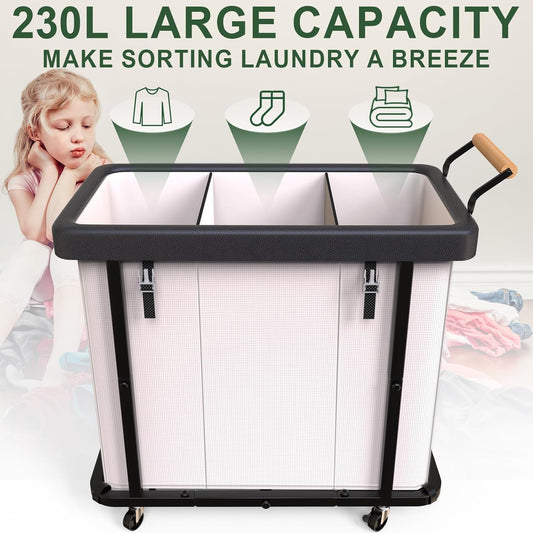 Extra Large 3-Section Laundry Hamper with Wheels & Lid – 230L White Organizer